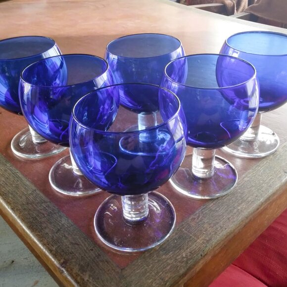 Set of 6 Vintage Crate & Barrel Cobalt Blue Thick Clear Stemmed "Deena" Wine Gla - Picture 5 of 11